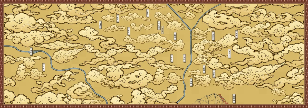 ゲーム内の絵図の全図。金雲のあいだに、嵐山・松尾・花園・北野・北山・紫野・御所・下京・寺町・吉田山・銀閣・粟田口・祇園・清水・洛南・稲荷山などの短冊が立ち、川が流れる。